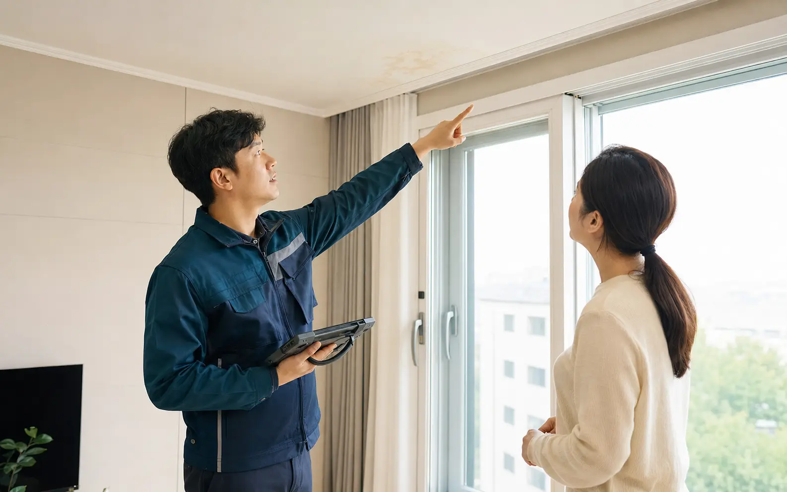 주거공간 천장 누수 흔적을 설명하는 기술자